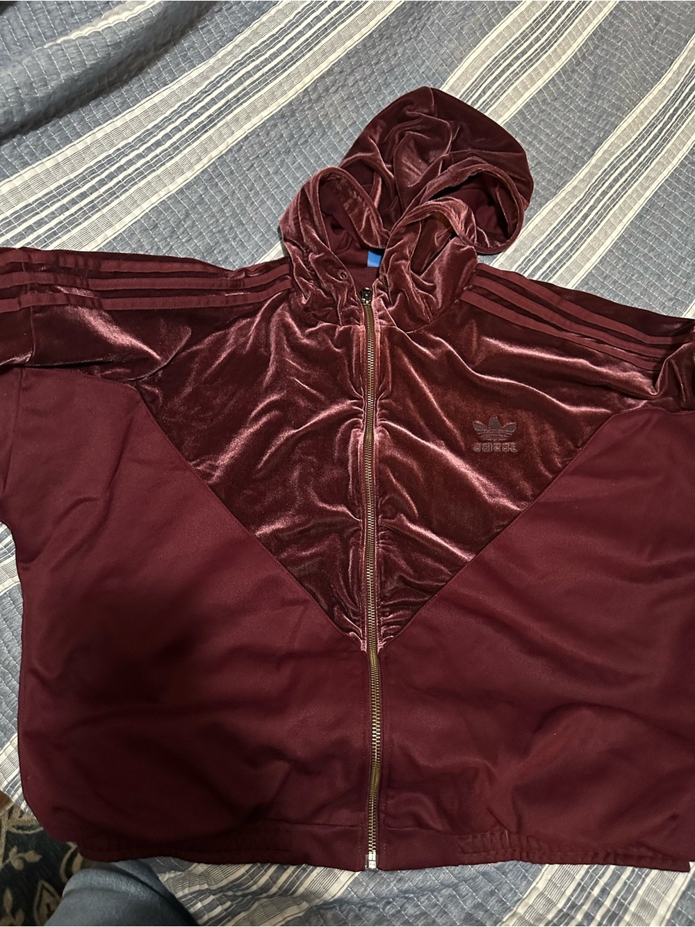 adidas Women's Burgundy Velour & Knit Hooded Bomber Jacket